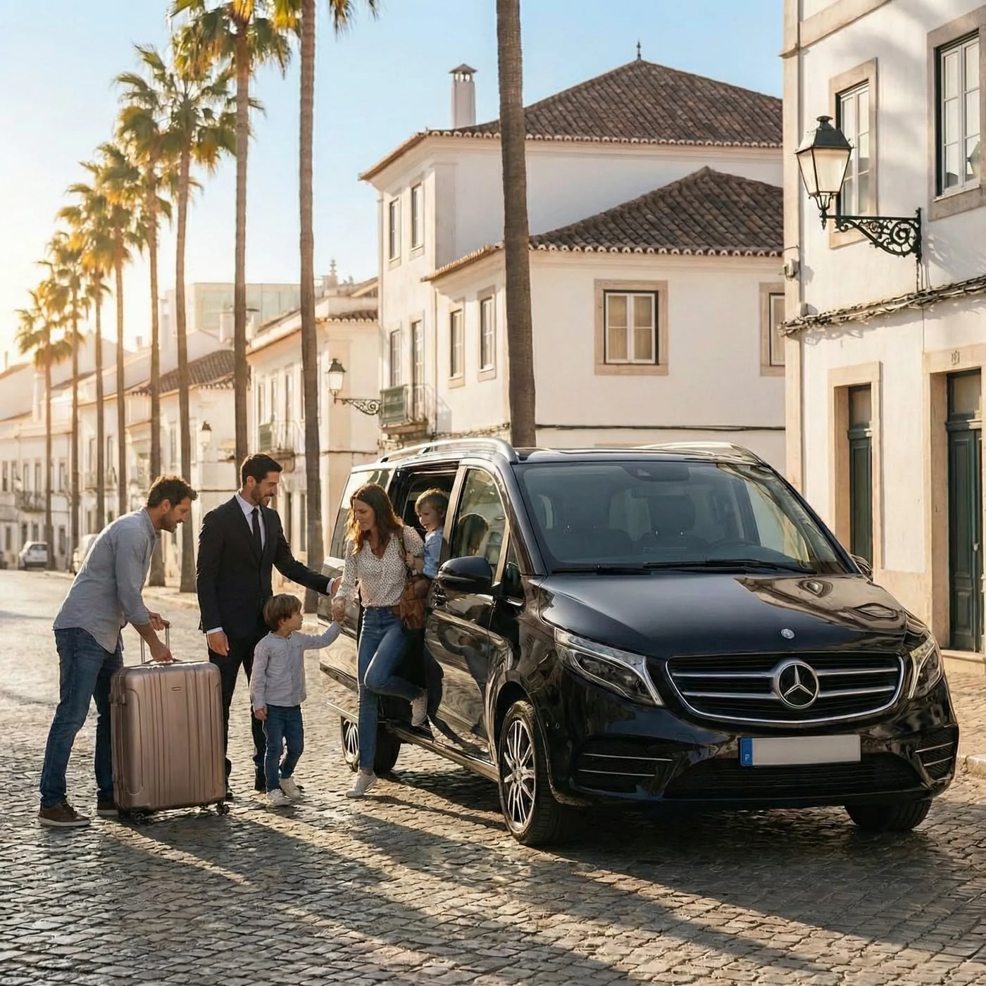 Chófer de Avenue recibiendo a una familia junto a un Mercedes-Benz Vito